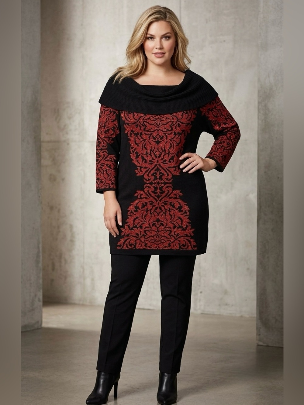 NEW INC Women Sweater Dress Tunic Plus Size  3X Black Metallic Red Cowl Neck